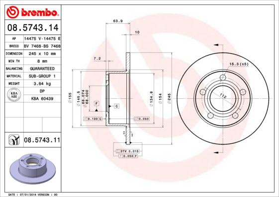 Brembo 08.5743.11 - Bremžu diski adetalas.lv