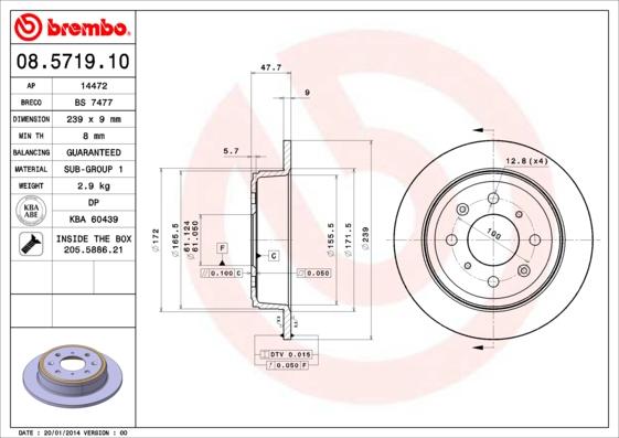 Brembo 08.5719.10 - Bremžu diski adetalas.lv