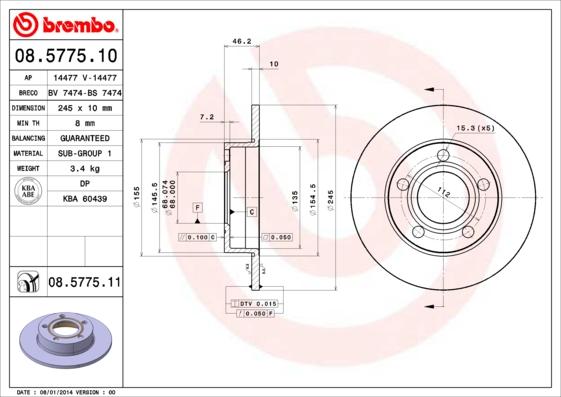 Brembo 08.5775.11 - Bremžu diski adetalas.lv