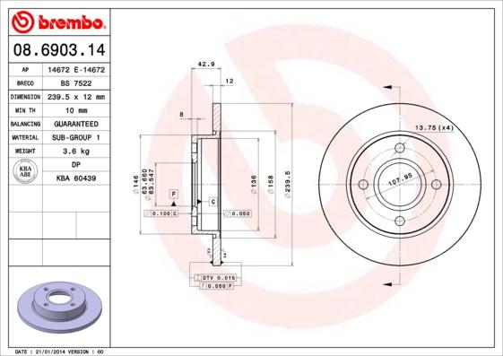 Brembo 08.6903.14 - Bremžu diski adetalas.lv