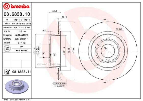 Brembo 08.6838.11 - Bremžu diski adetalas.lv