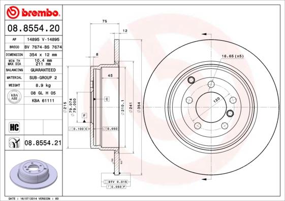 Brembo 08.8554.21 - Bremžu diski adetalas.lv