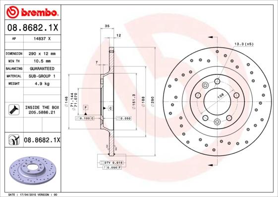 Brembo 08.8682.1X - Bremžu diski adetalas.lv