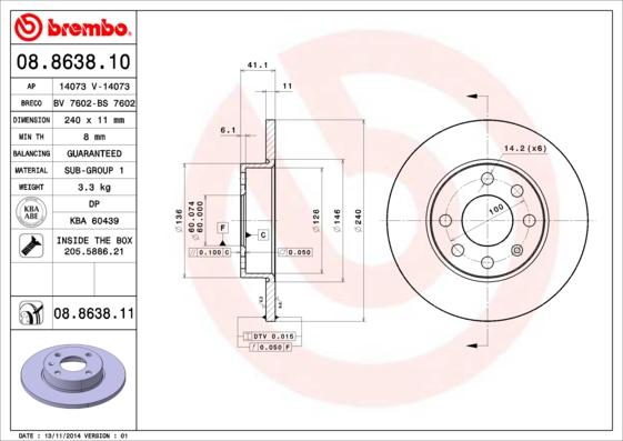 Brembo 08.8638.11 - Bremžu diski adetalas.lv