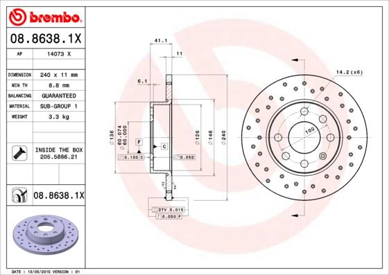 Brembo 08.8638.1X - Bremžu diski adetalas.lv