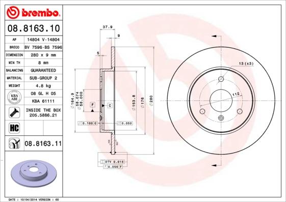 Brembo 08.8163.10 - Bremžu diski adetalas.lv