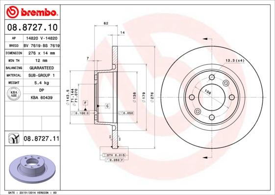 Brembo 08.8727.10 - Bremžu diski adetalas.lv