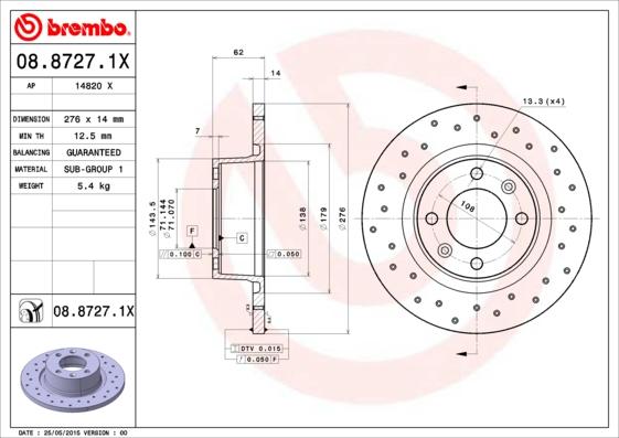 Brembo 08.8727.1X - Bremžu diski adetalas.lv