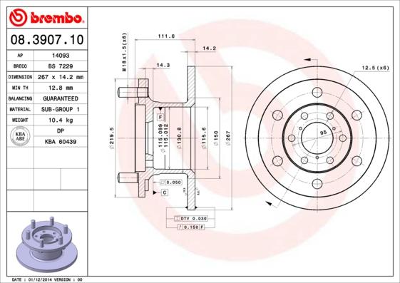 Brembo 08.3907.10 - Bremžu diski adetalas.lv