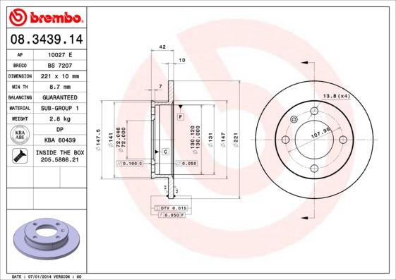 Brembo 08.3439.14 - Bremžu diski adetalas.lv