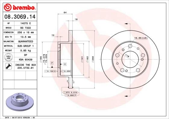 Brembo 08.3069.14 - Bremžu diski adetalas.lv