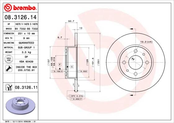 Brembo 08.3126.11 - Bremžu diski adetalas.lv