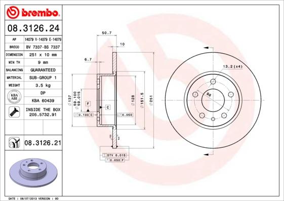 Brembo 08.3126.21 - Bremžu diski adetalas.lv