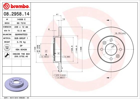 Brembo 08.2958.14 - Bremžu diski adetalas.lv