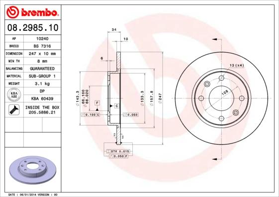 Brembo 08.2985.10 - Bremžu diski adetalas.lv