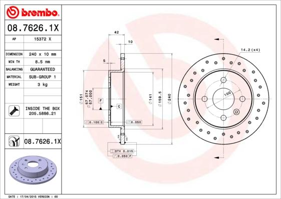 Brembo 08.7626.1X - Bremžu diski adetalas.lv