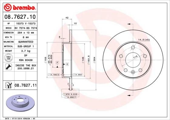 Brembo 08.7627.10 - Bremžu diski adetalas.lv