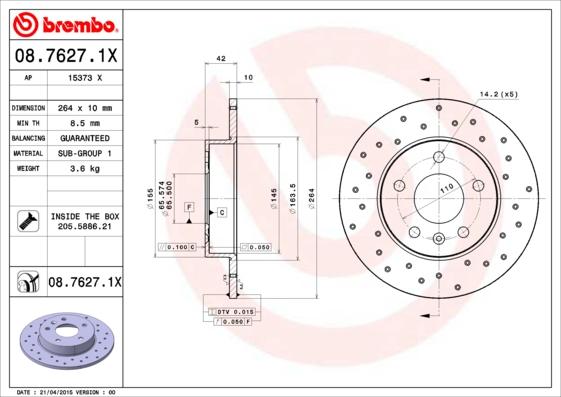 Brembo 08.7627.1X - Bremžu diski adetalas.lv