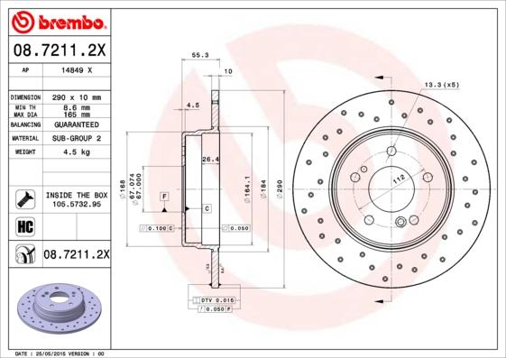 Brembo 08.7211.2X - Bremžu diski adetalas.lv