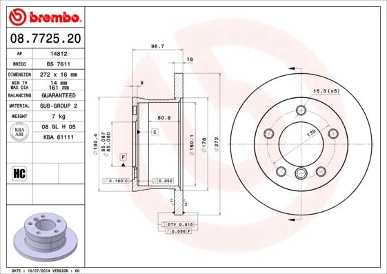 Brembo 08.7725.20 - Bremžu diski adetalas.lv