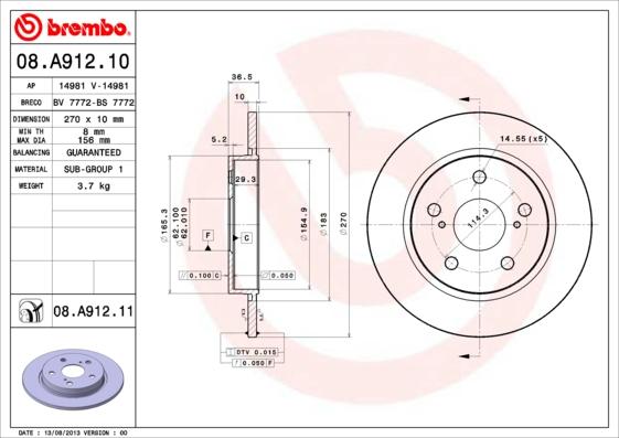 Brembo 08.A912.11 - Bremžu diski adetalas.lv