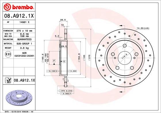 Brembo 08.A912.1X - Bremžu diski adetalas.lv