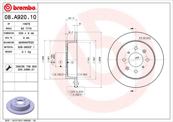 Brembo 08.A920.10 - Bremžu diski adetalas.lv