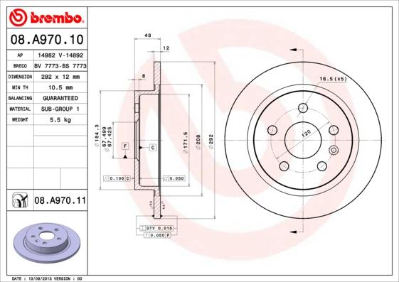 Brembo 08.A970.10 - Bremžu diski adetalas.lv