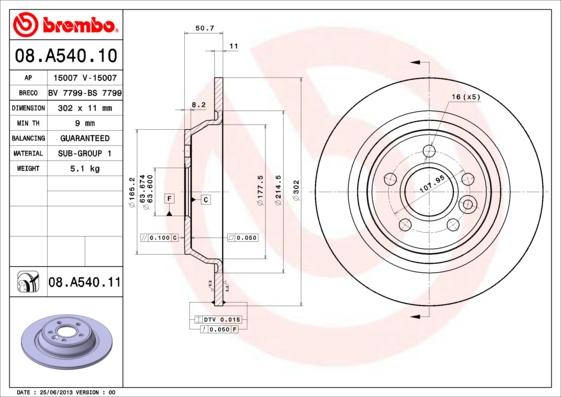 Brembo 08.A540.10 - Bremžu diski adetalas.lv