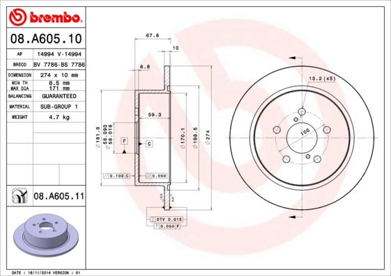 Brembo 08.A605.11 - Bremžu diski adetalas.lv