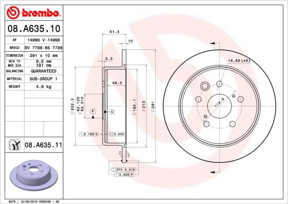 Brembo 08.A635.10 - Bremžu diski adetalas.lv