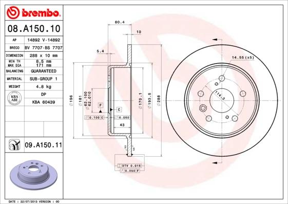 Brembo 08.A150.11 - Bremžu diski adetalas.lv