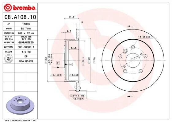 Brembo 08.A108.10 - Bremžu diski adetalas.lv