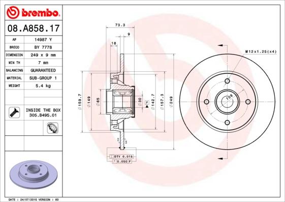 Brembo 08.A858.17 - Bremžu diski adetalas.lv