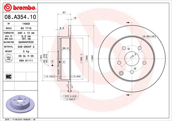 Brembo 08.A354.10 - Bremžu diski adetalas.lv