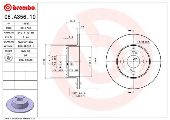 Brembo 08.A356.10 - Bremžu diski adetalas.lv