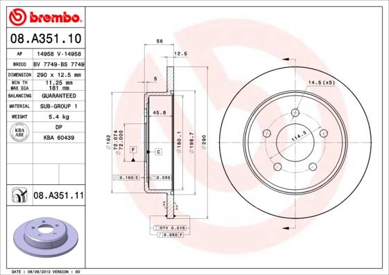 Brembo 08.A351.11 - Bremžu diski adetalas.lv