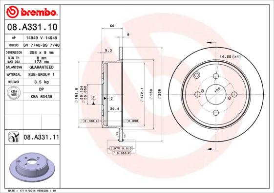 Brembo 08.A331.10 - Bremžu diski adetalas.lv