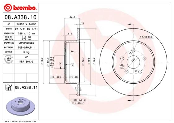 Brembo 08.A338.10 - Bremžu diski adetalas.lv