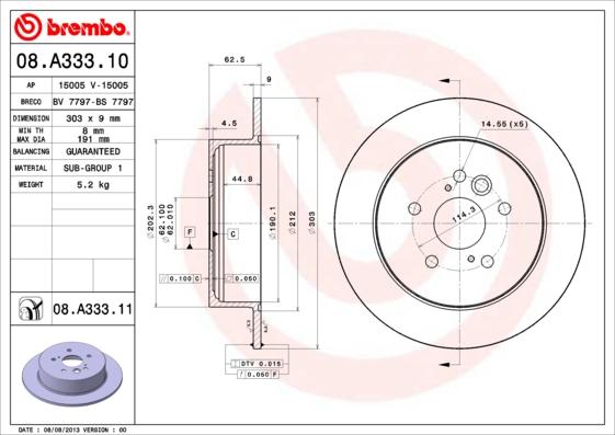 Brembo 08.A333.11 - Bremžu diski adetalas.lv