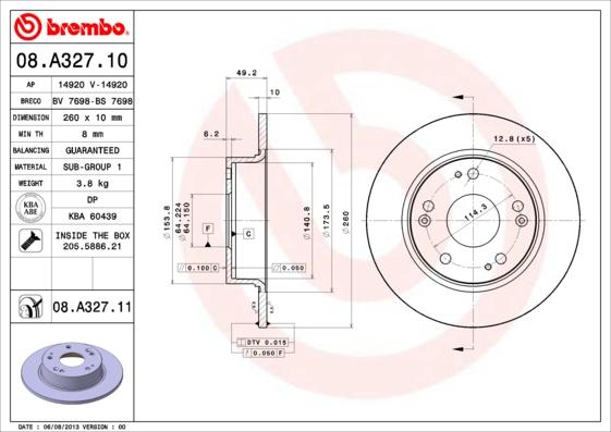 Brembo 08.A327.11 - Bremžu diski adetalas.lv