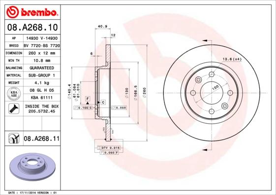 Brembo 08.A268.10 - Bremžu diski adetalas.lv