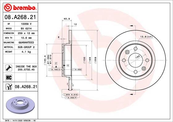 Brembo 08.A268.21 - Bremžu diski adetalas.lv