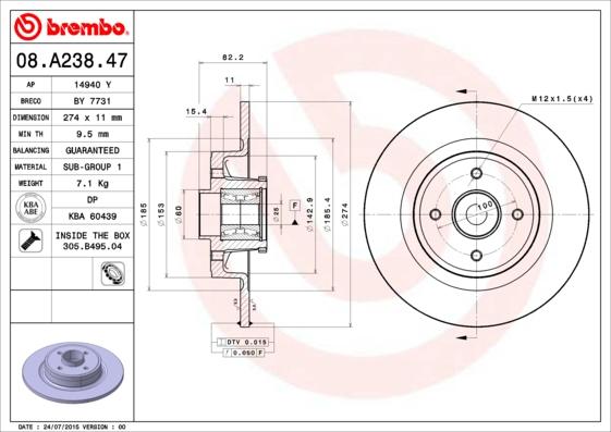 Brembo 08.A238.47 - Bremžu diski adetalas.lv