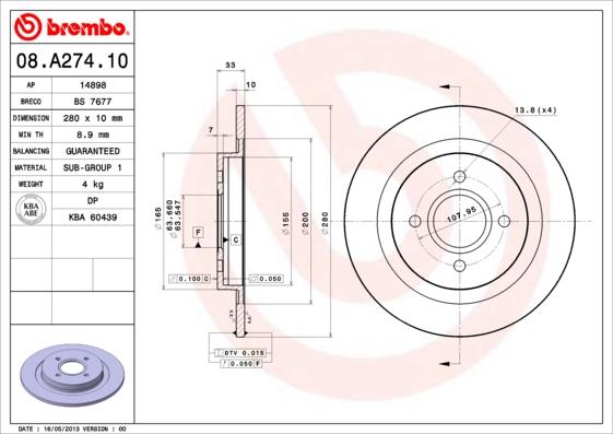 Brembo 08.A274.10 - Bremžu diski adetalas.lv