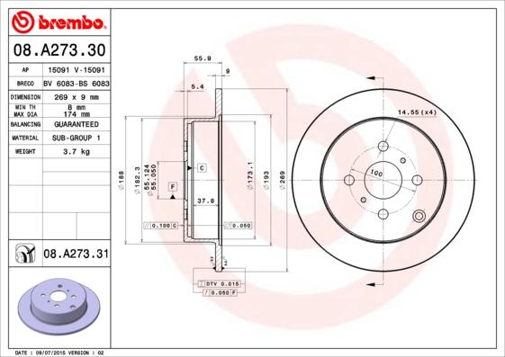 Brembo 08.A273.30 - Bremžu diski adetalas.lv