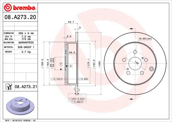 Brembo 08.A273.21 - Bremžu diski adetalas.lv