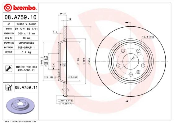 Brembo 08.A759.11 - Bremžu diski adetalas.lv