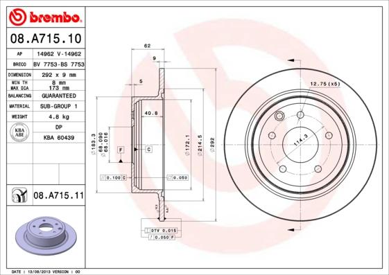 Brembo 08.A715.10 - Bremžu diski adetalas.lv