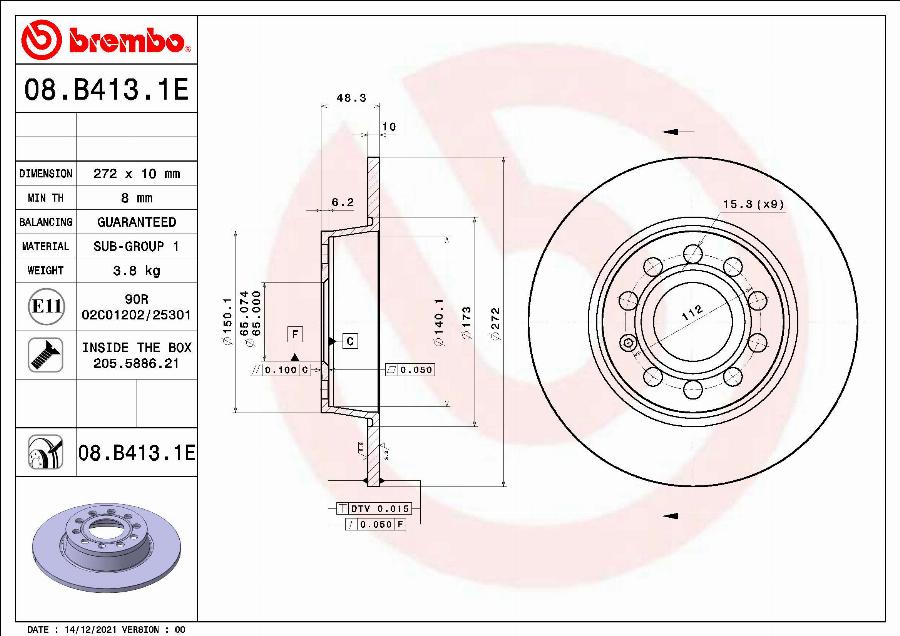 Brembo 08.B413.1E - Bremžu diski adetalas.lv